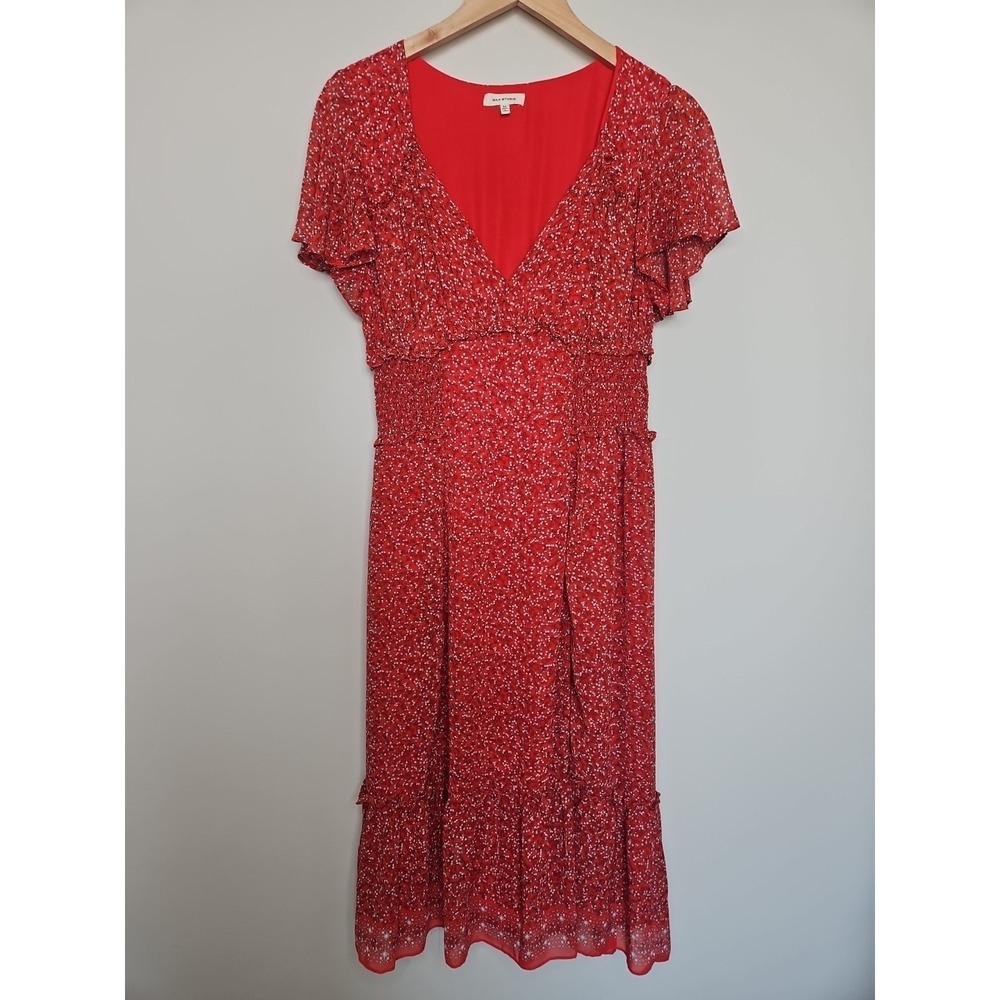 Max Studio Dress M Red Floral Smocked Tiered Boho Prairie Midi CottageCore Fairy - Picture 3 of 15